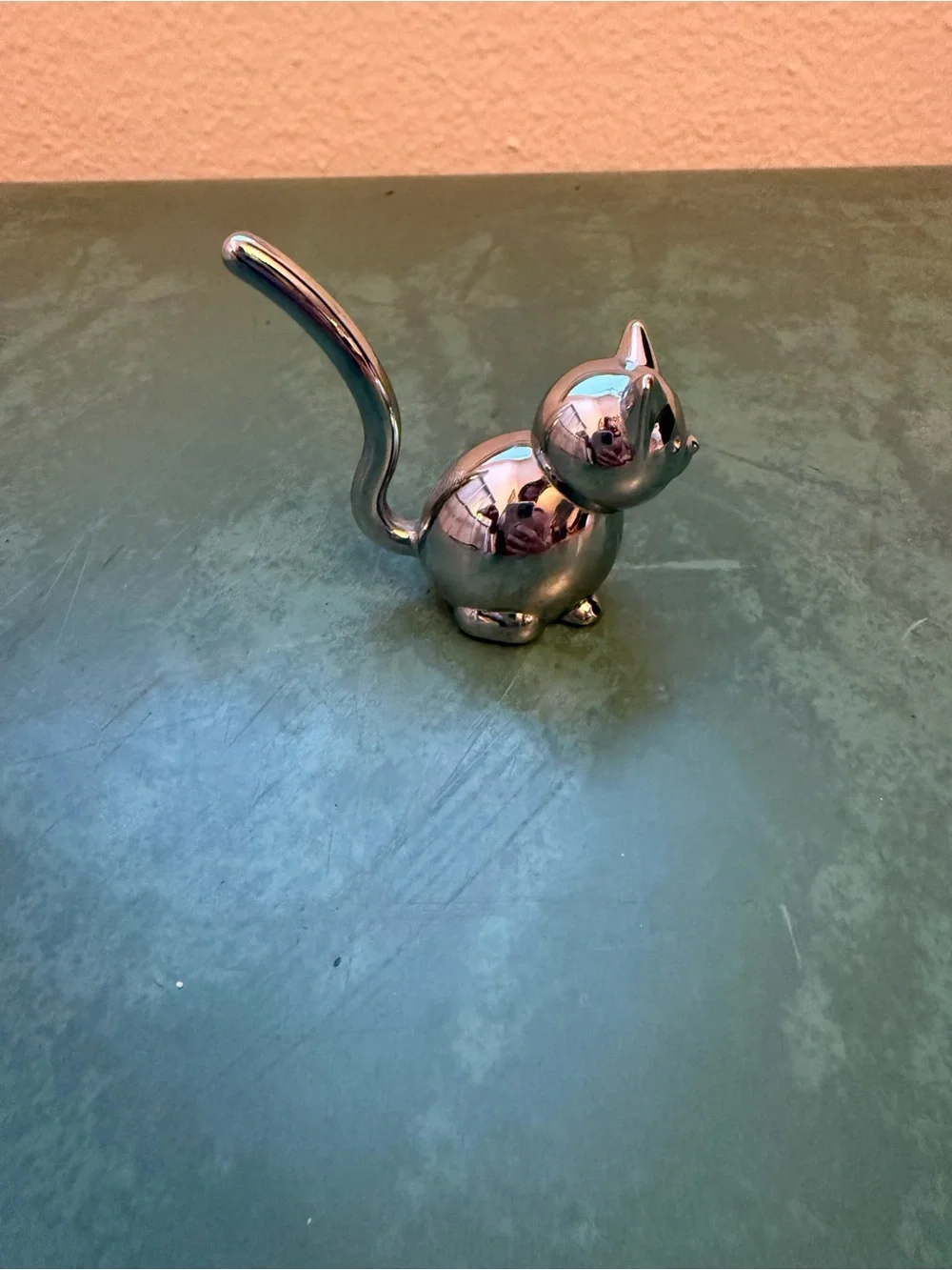 Silver Brass Cat Ring Holder w White Heart Shape Ceramic Keepsake Box